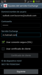 Ajustes de servidor exchange Android