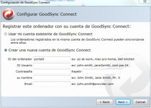 Sincronizar archivos - Configuración GoodSync Connect - Crear nueva cuenta