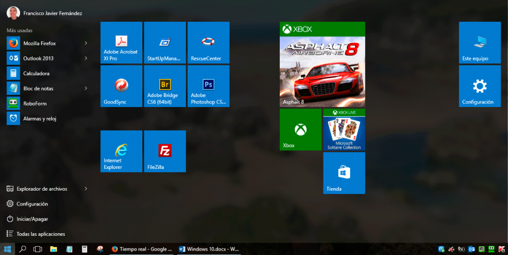 Windows 10 pro - Menú inicio - pantalla de inicio grande